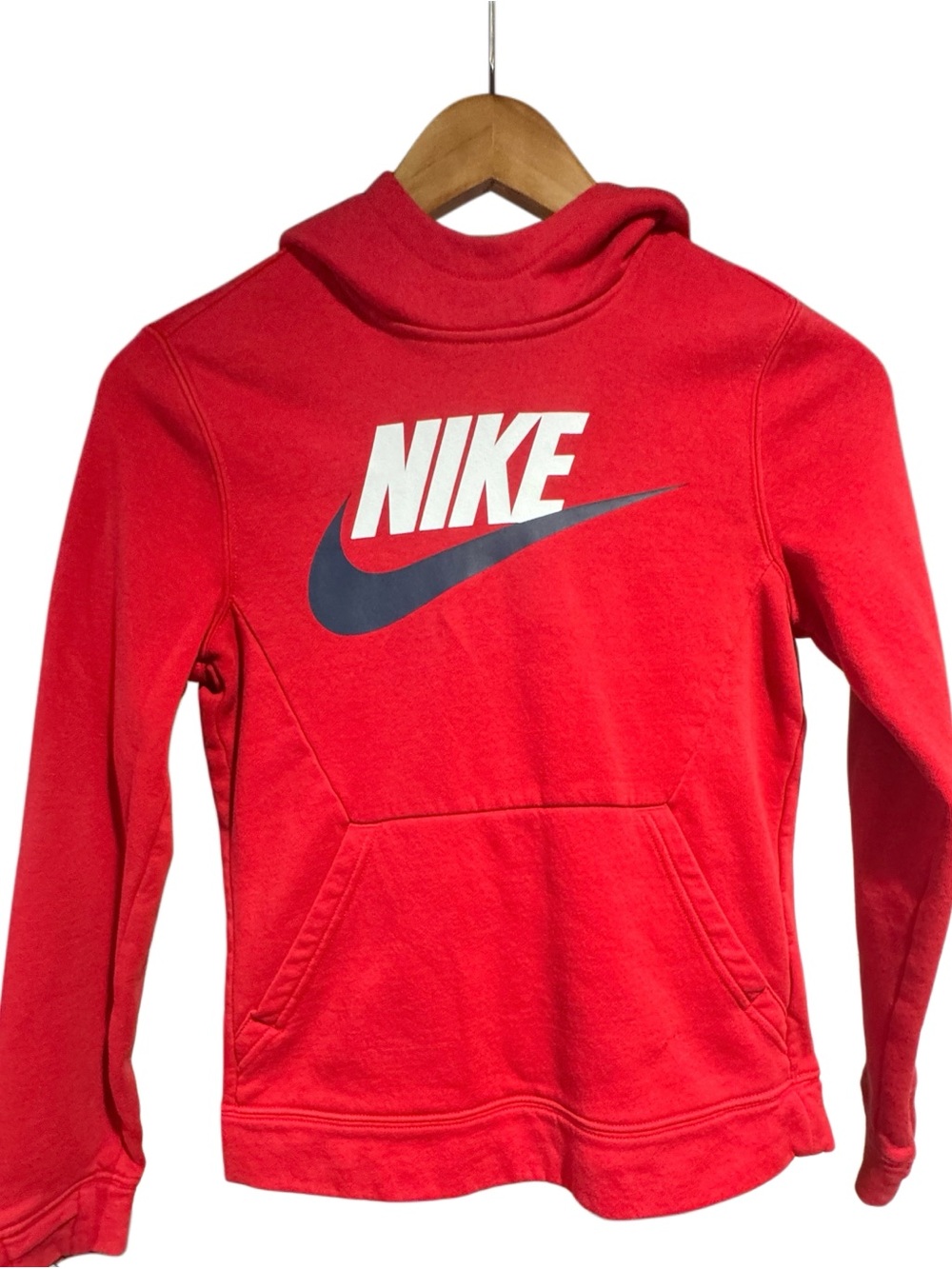 Nike Red Kids Hoodie with White Logo and Navy Swoosh